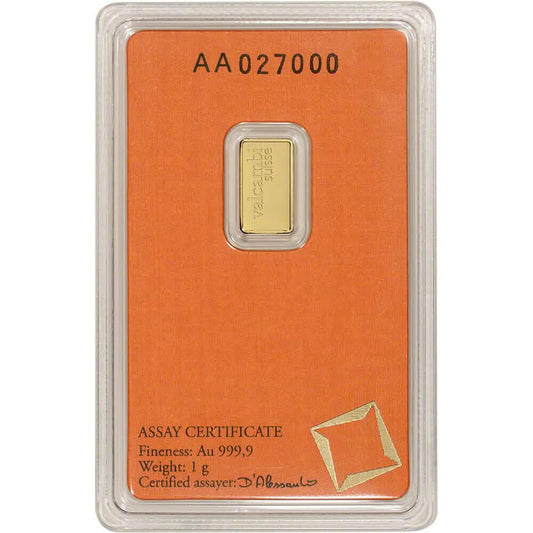1 Gram Gold Bar - Valcambi Suisse - 999.9 Fine in Sealed Assay