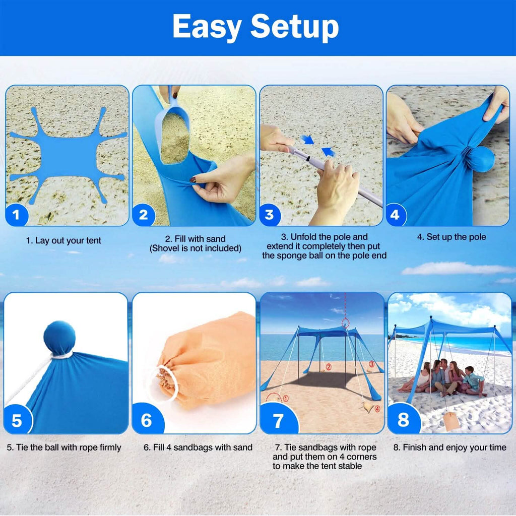 10 x 10 ft Sun Shelter Family Beach Tent Outdoor Shade UPF50+ with Sandbag