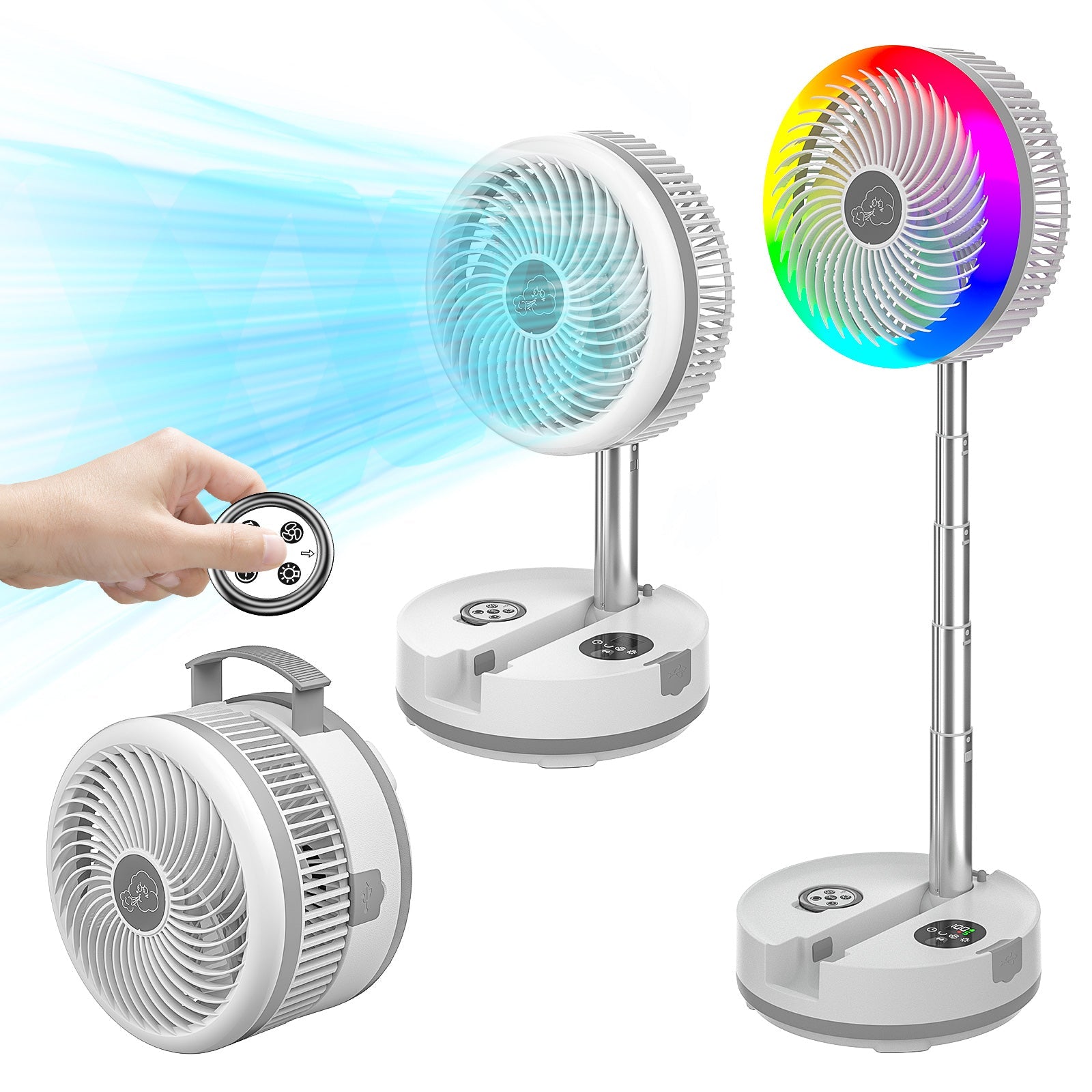 Neofeel Portable Oscillating Standing Fan, 40000mAh Rechargeable Battery Operated Fan with Remote/Timer, RGB Lighting Fan, Pedestal Floor Fan for Bedroom Party Camping (White, 40000mAh)