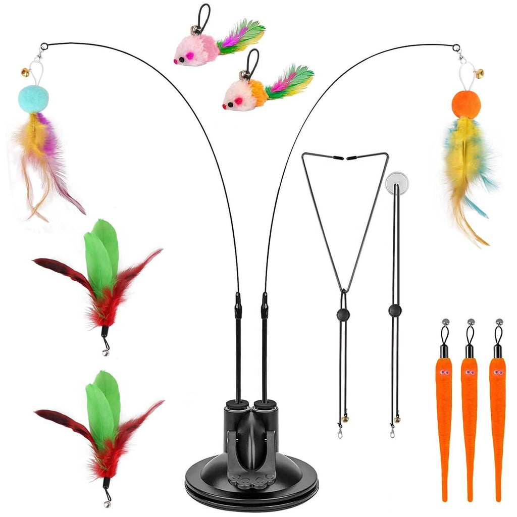 2 Cat Wand Toys with Suction Cup Double Head Interactive Cat Feather Toy