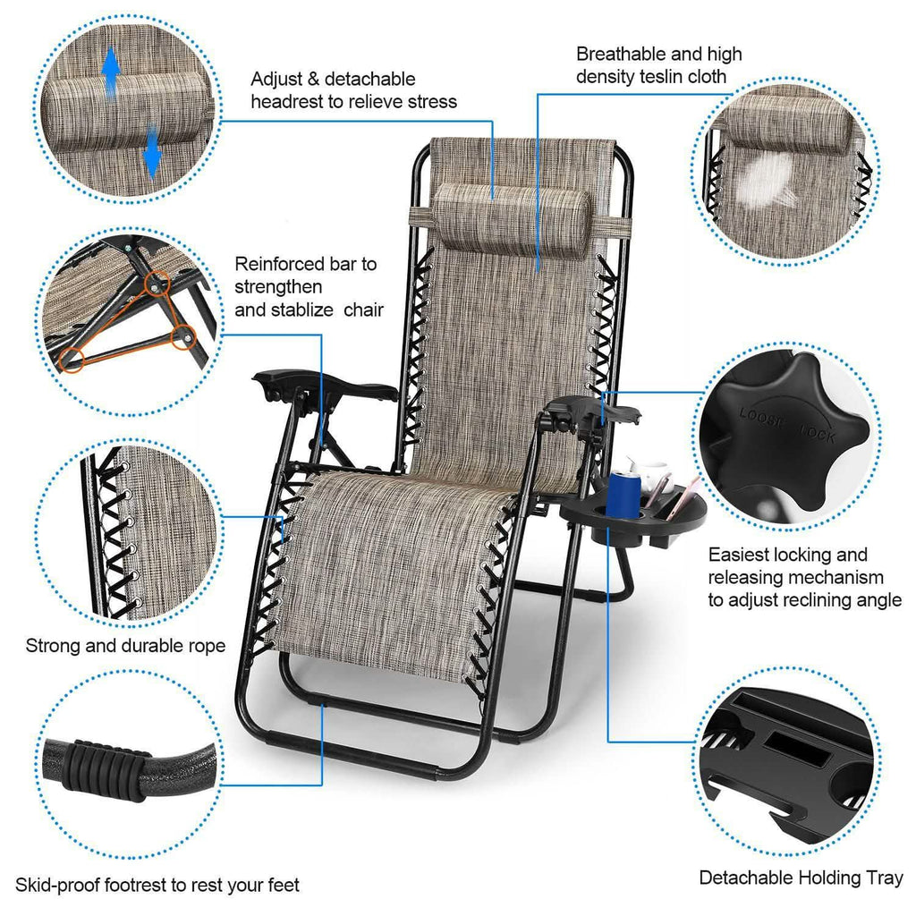 2-Pack: Foldable Zero Gravity Lounge Chair with Dual Side Tray