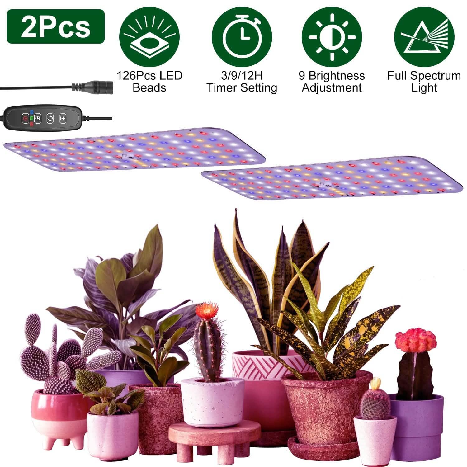 2-Pieces: Ultra-Thin LED Grow Lights for Indoor Plants with 126 LEDs