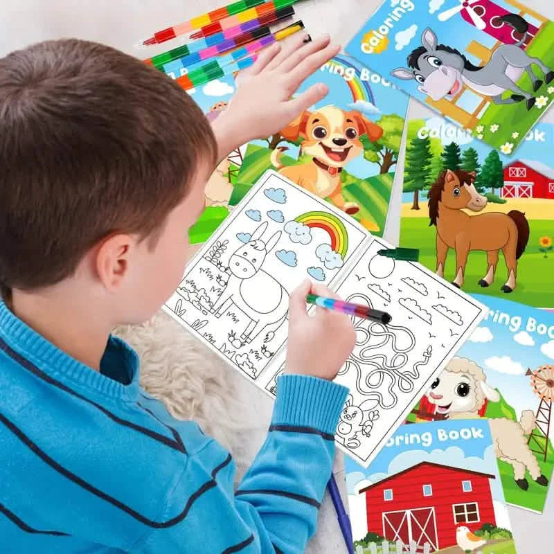 24-Pieces: Mini Coloring Books with 24 Stacking Crayons, Farm Themed