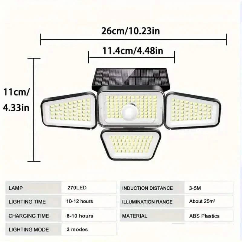 270 LEDs Solar Wall Light With Motion Sensor - 4 Head Lamp, 3 Lighting Modes Wide Angle Security Wireless Flood Light