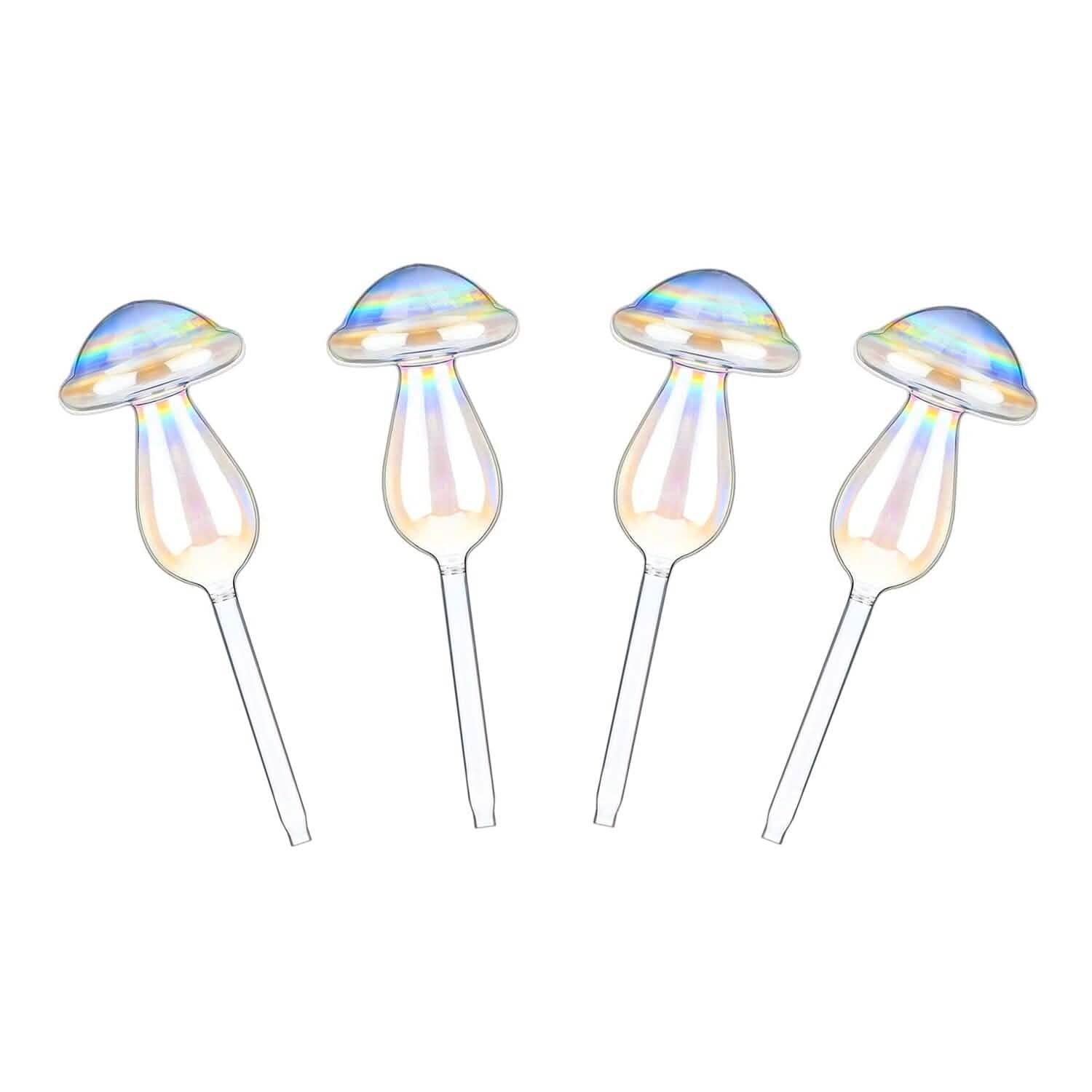 4-Pieces: Clear Glass Plant Watering Globes Iridescent Rainbow Gradient Mushroom