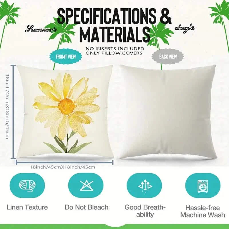 4-Pieces: Summer Flowers Printed Throw Pillow Cover Cushion Pillow Case