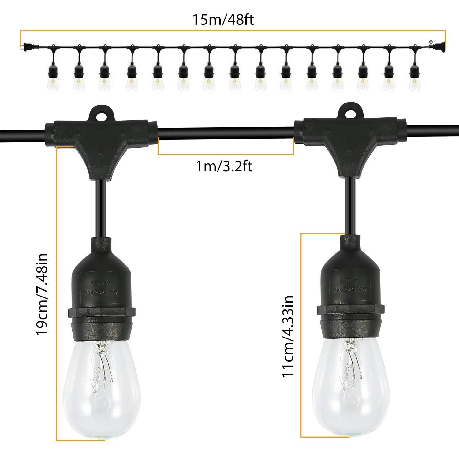 48ft Outdoor String Light Waterproof Patio String Lights Bulbs