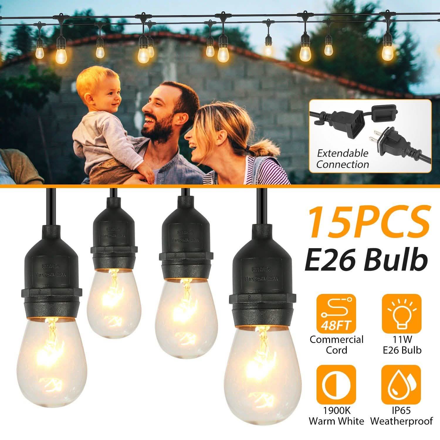 48ft Outdoor String Light Waterproof Patio String Lights Bulbs