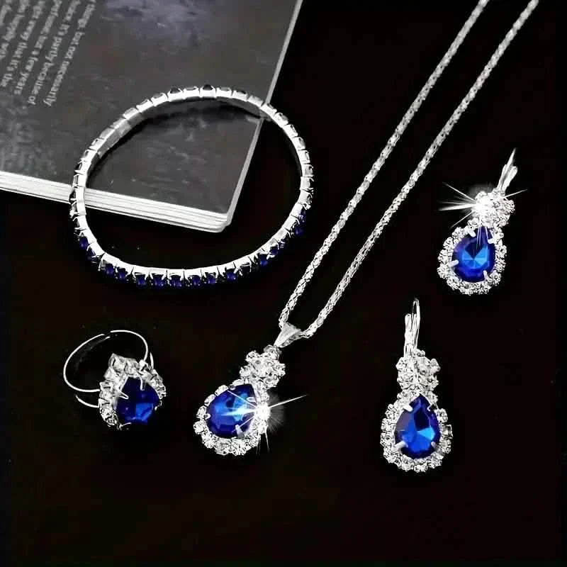 5-Piece Set: Stylish Jewelry Set for Women, Pair of Earrings, Necklace, Ring and Bracelet Adorned with Glass Accents