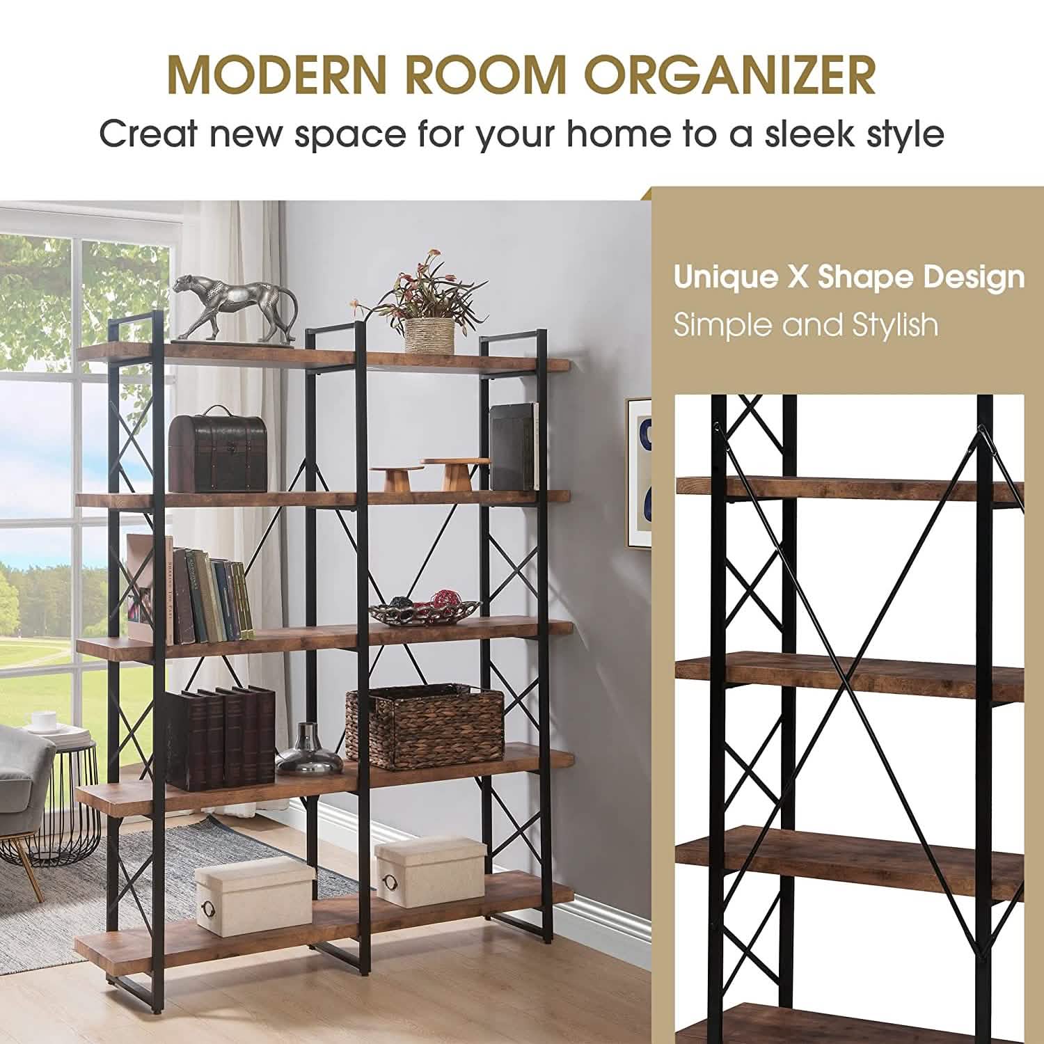 5-Tier Bookcase Industrial Bookshelf