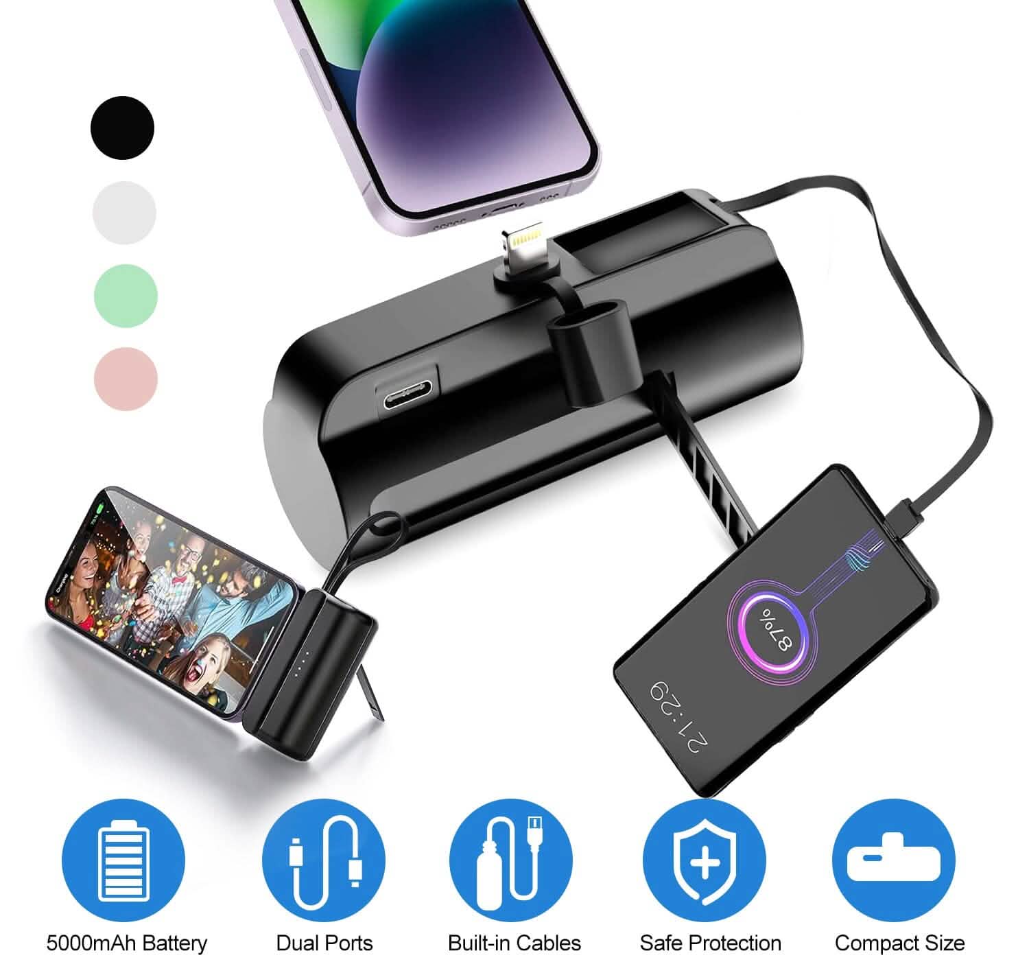 5000mAh Portable Phone Charger Built-in Type C Cable Dual Output