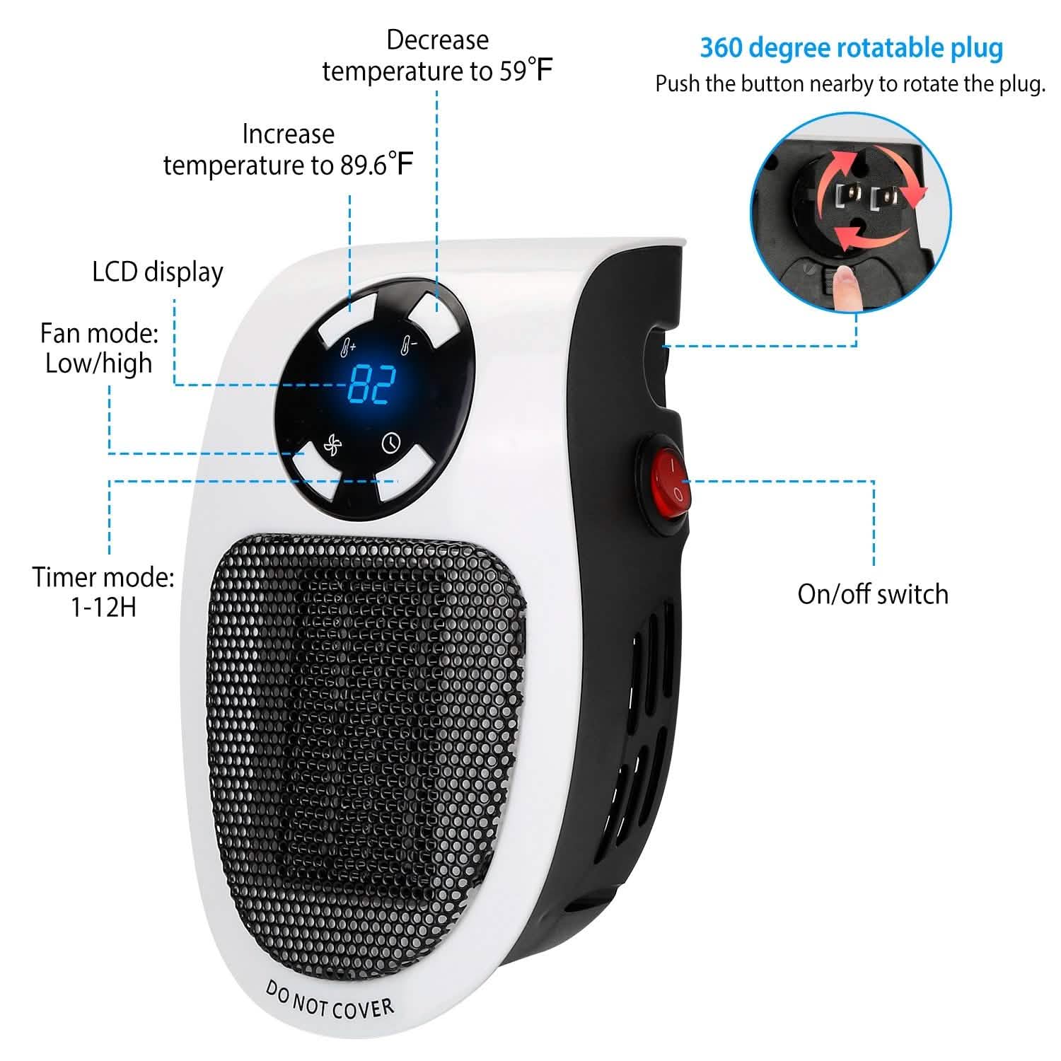 500W Portable Heater Fan Wall Outlet with Remote Control