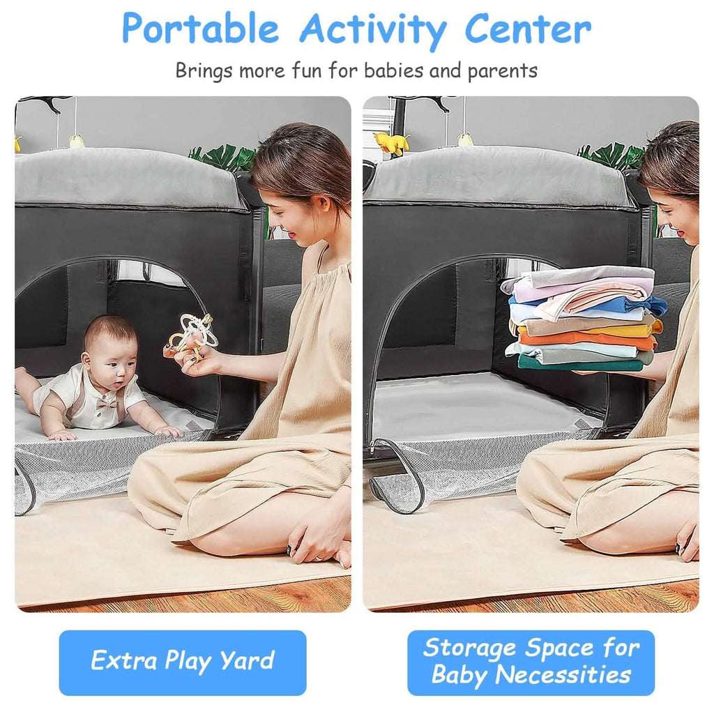 6-in-1 Foldable Baby Crib with Activity Center Diaper Changing Table