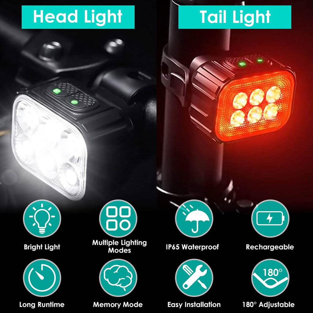 Bike Headlight TailLight IP65 Waterproof Anti-Drop Rechargeable Bicycle Light Set