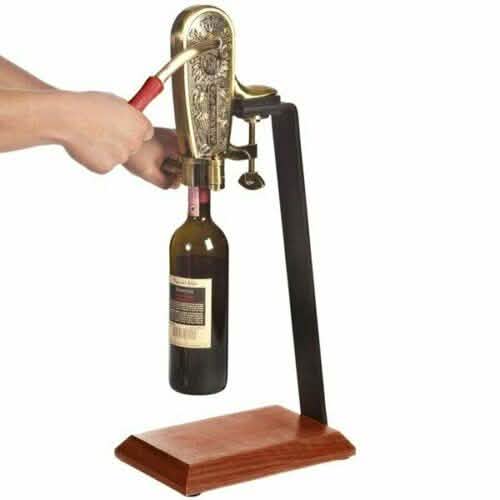 Brass Plated Wine Champagne Bottle Opener Counter Mount Table Stand Brown Wood