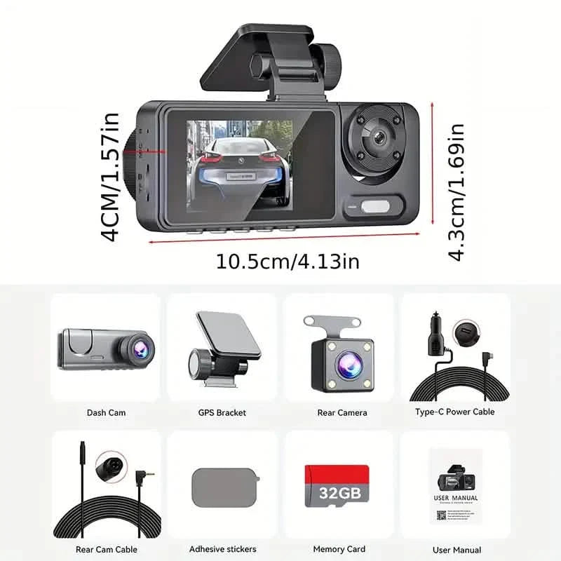 1080P Triple Dash Cam Front, Inside and Rear with 32GB Card, Night Vision, HDR & More