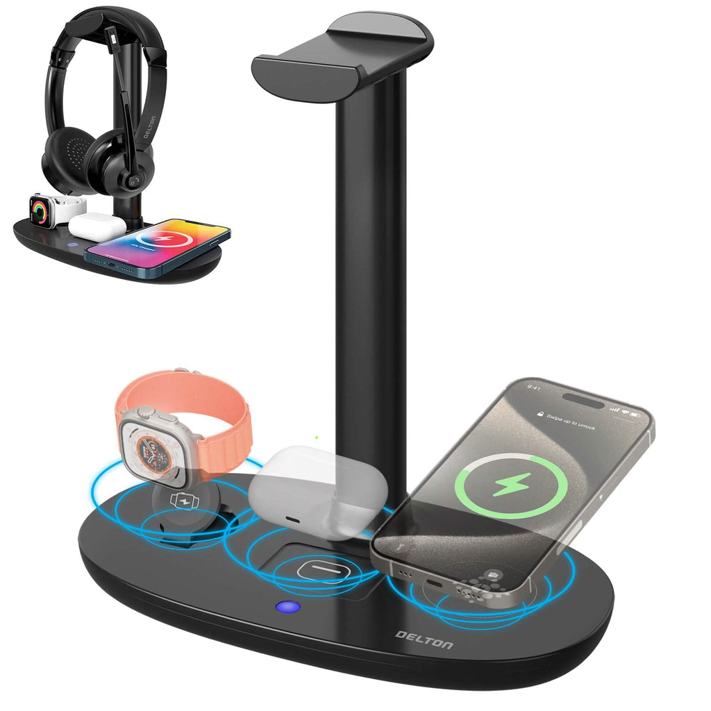 Delton HS1 3-in-1 Wireless Charging Station with Headphone Stand, Fast Charging Desk Charging Station, 15W Wireless Charger Stand for iPhones, iWatches, AirPods & Qi-enabled Devices - Black