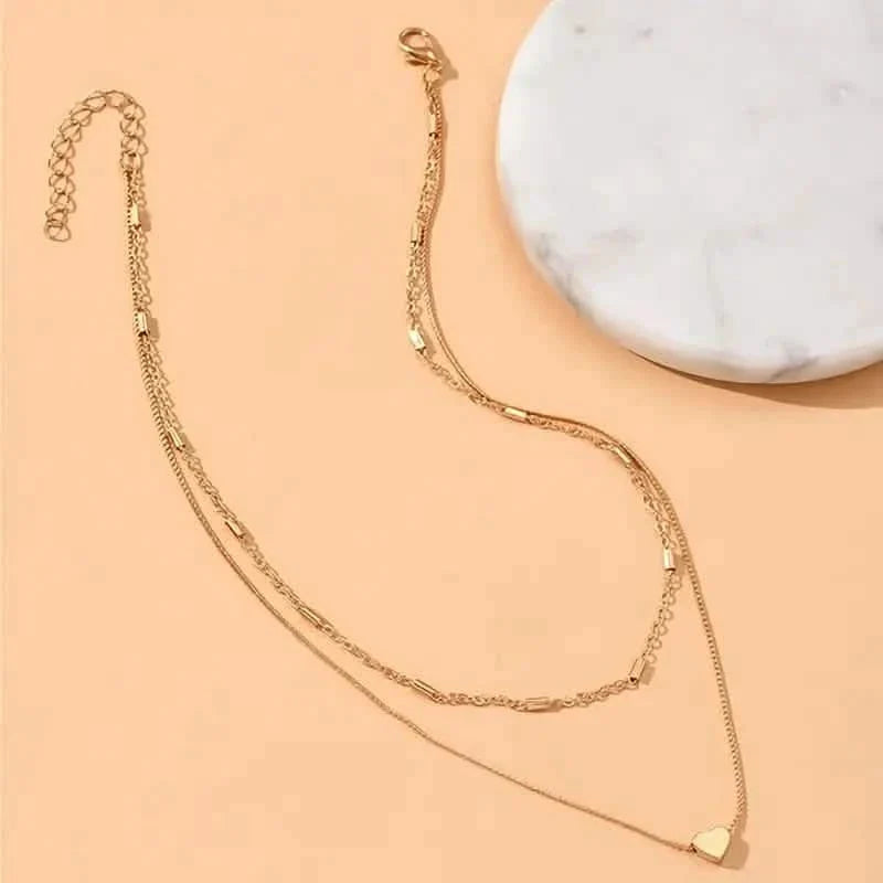 Elegant Simple Double Layer Choker Necklace with Heart Pendant
