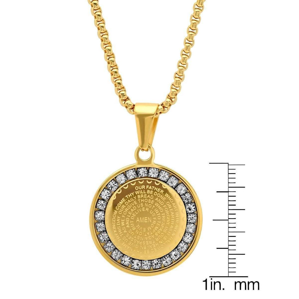Ladies' 18K Gold Plated Stainless Steel Our Father Prayer Round Pendant with Simulated Diamonds