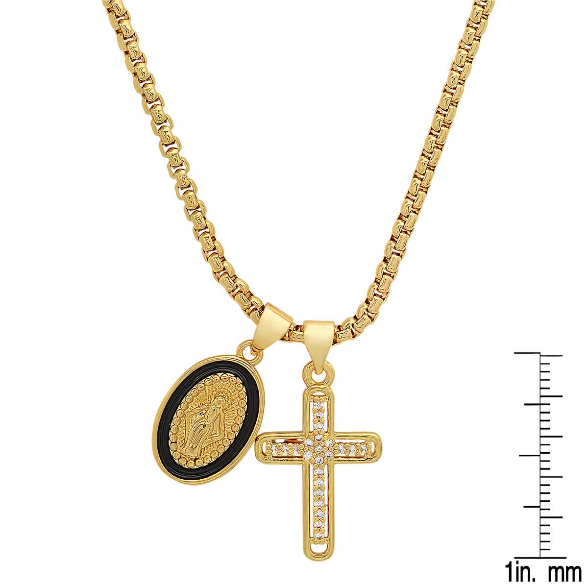 Ladies 18k White Gold/Gold Plated Brass & Black Enamel Our Lady of Guadalupe and Simulated Diamond Cross Pendant Charms