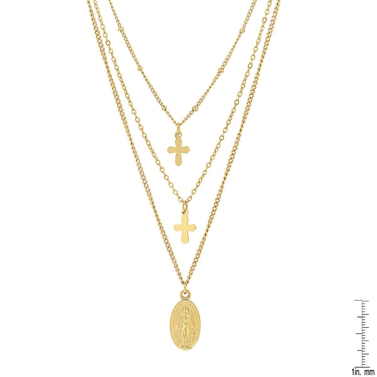Ladies 3 Chain Necklace with Our Lady of Guadalupe and Cross Charms
