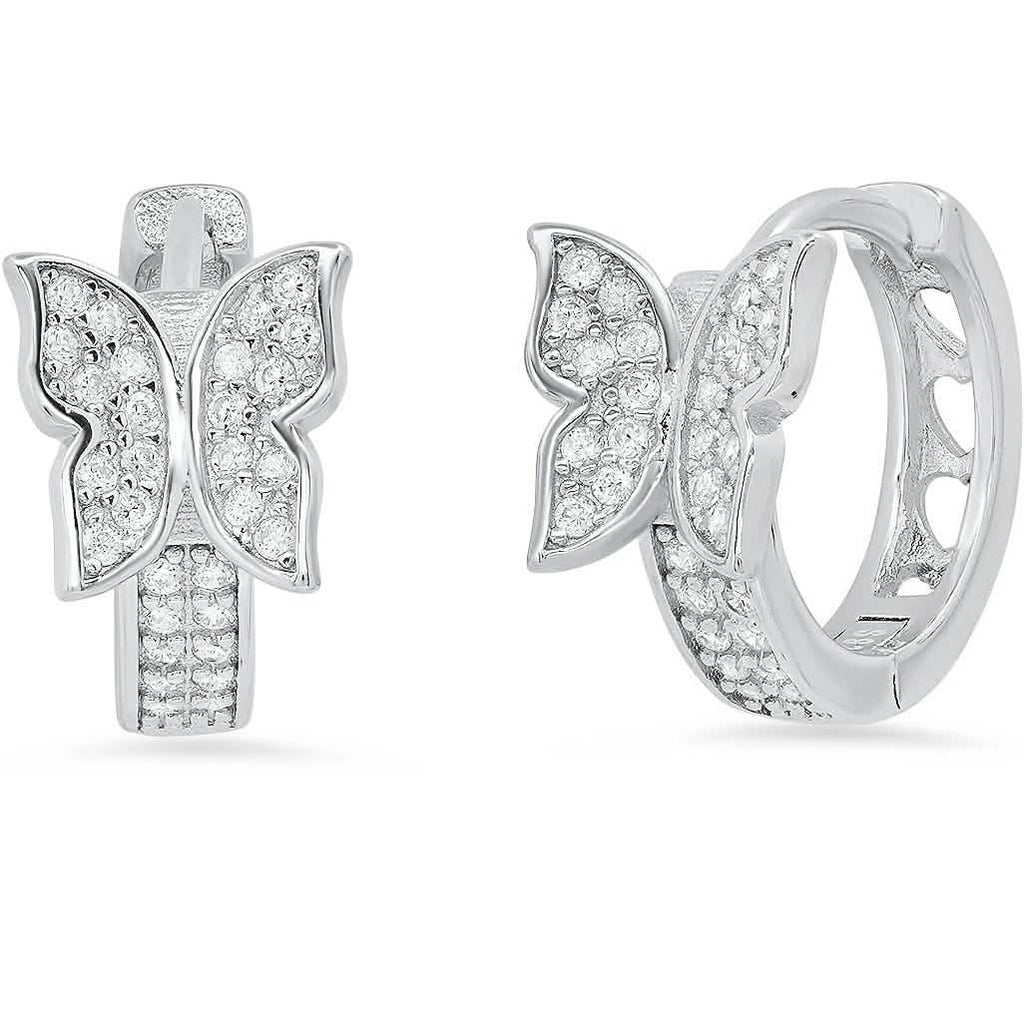 Ladies Sterling Silver and Simulated Diamonds Butterfly Huggie Earrings