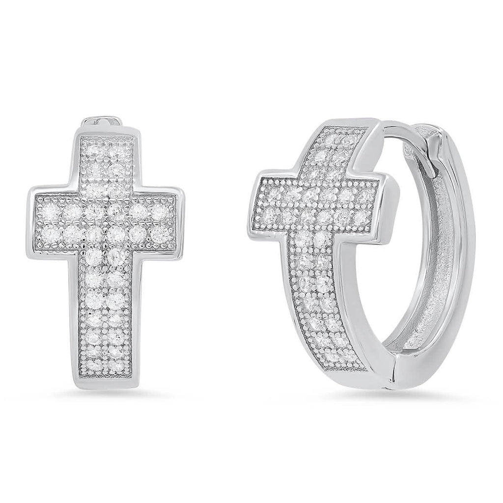 Ladies Sterling Silver and Simulated Diamonds Cross Huggie Earrings
