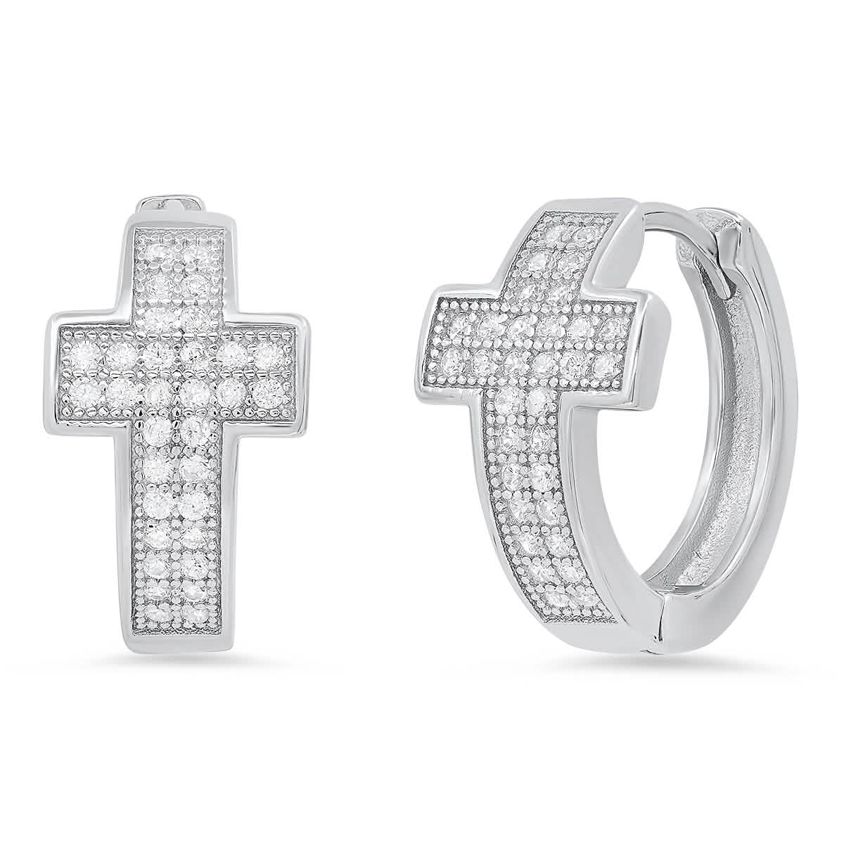 Ladies Sterling Silver and Simulated Diamonds Cross Huggie Earrings