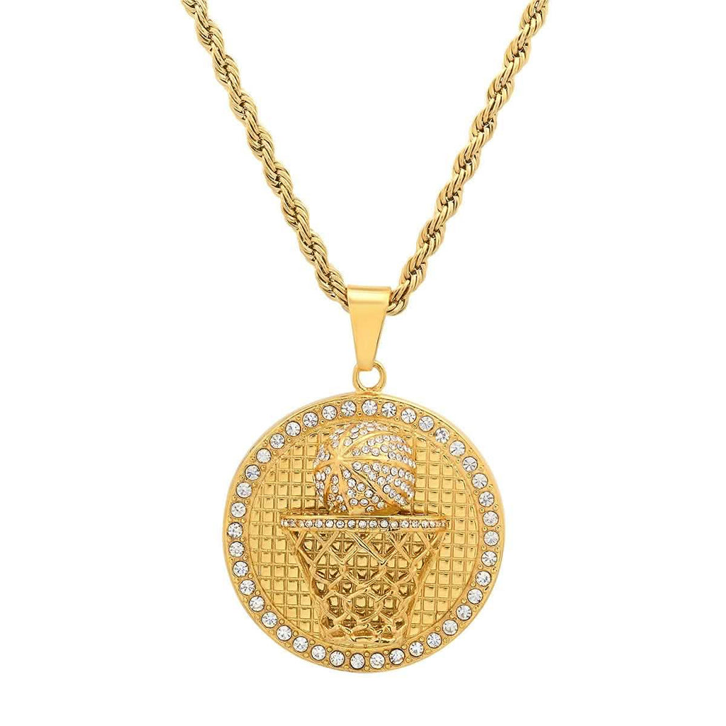 Men's 18k Gold Plated Stainless Steel and Simulated Diamonds Round Basketball Pendant