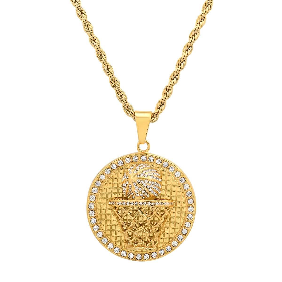 Men's 18k Gold Plated Stainless Steel and Simulated Diamonds Round Basketball Pendant