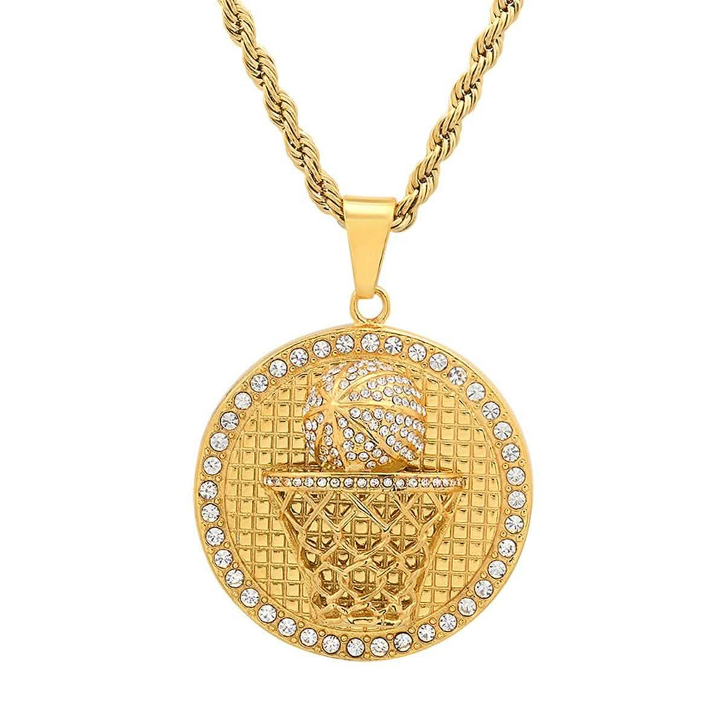 Men's 18k Gold Plated Stainless Steel and Simulated Diamonds Round Basketball Pendant