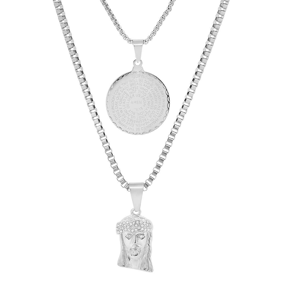Men's Box Chain Double Row Pendant and Jesus Head Necklace