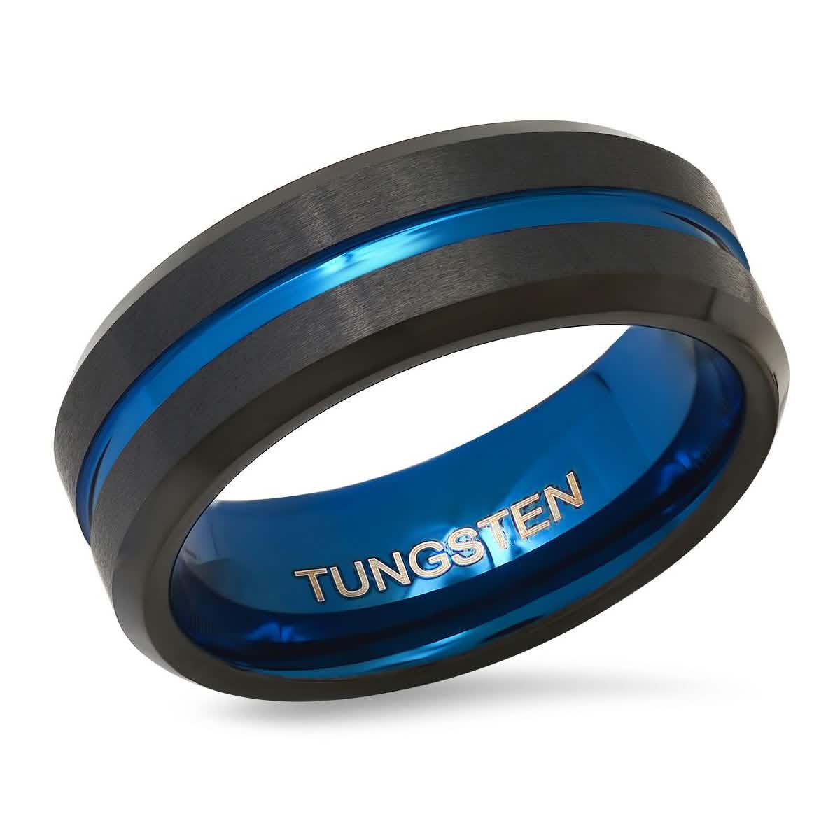 Men's Two Tone Blue and Black IP Tungsten Band Ring
