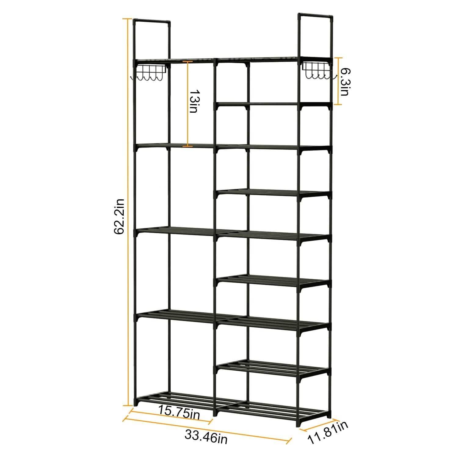 Metal Shoe Storage Shelf Free Standing Shoe Stand with 2 Row Hooks