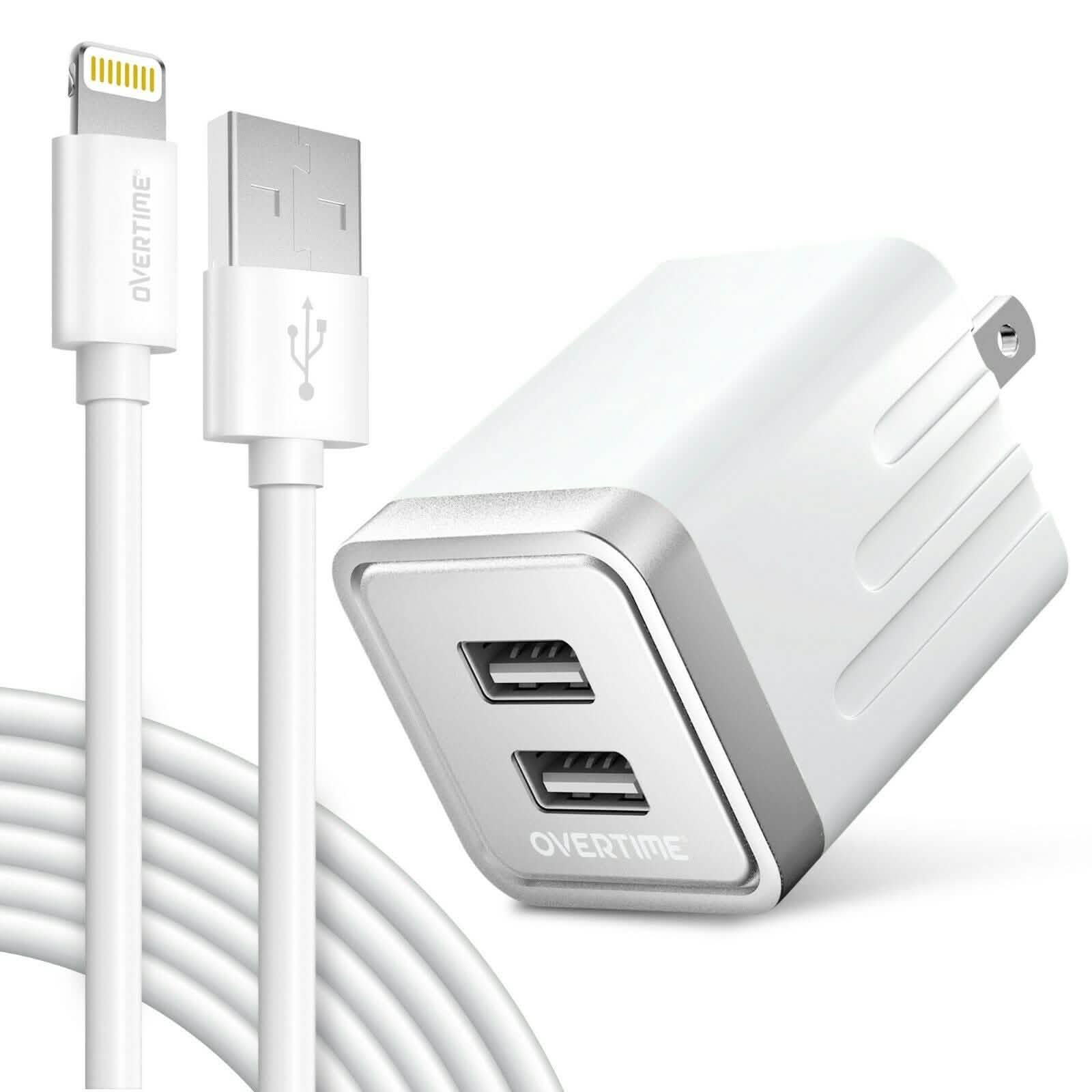 Overtime Apple MFi Certified Lightning Cable 10ft with Dual USB Wall Charger Adapter
