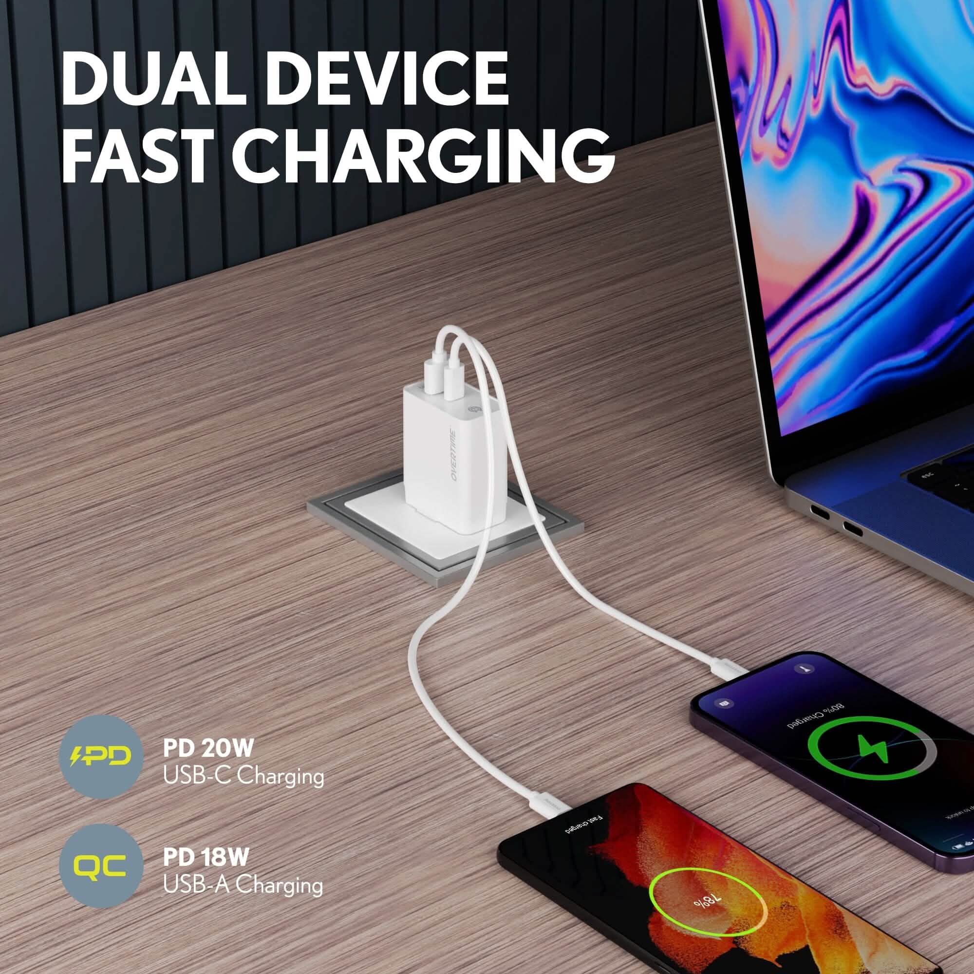Overtime Dual Port USB A and USB C 38W Fast Charging Power Adapter