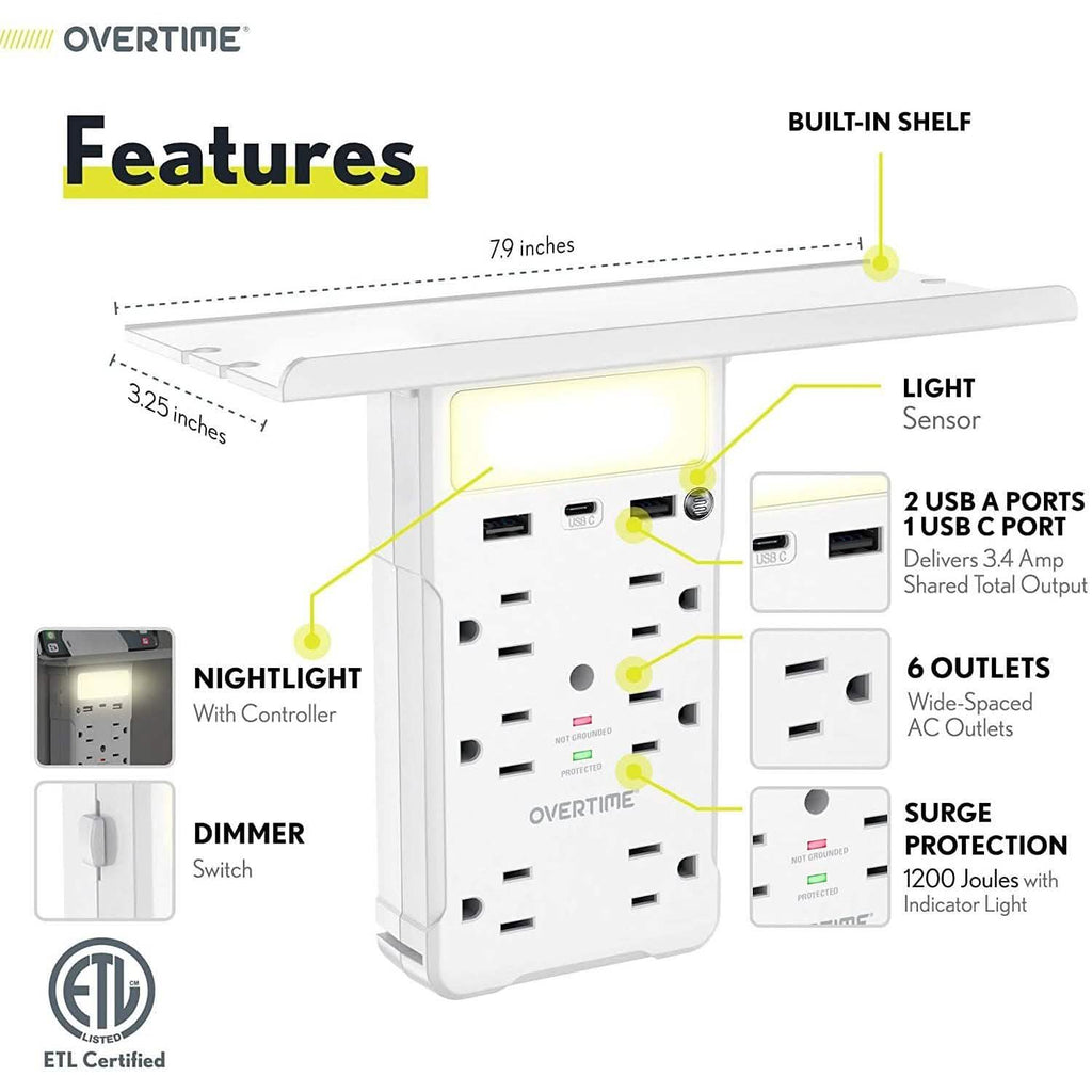 Overtime USB Outlet Shelf Night Light - Multi Plug Outlet Extender with Surge Protector