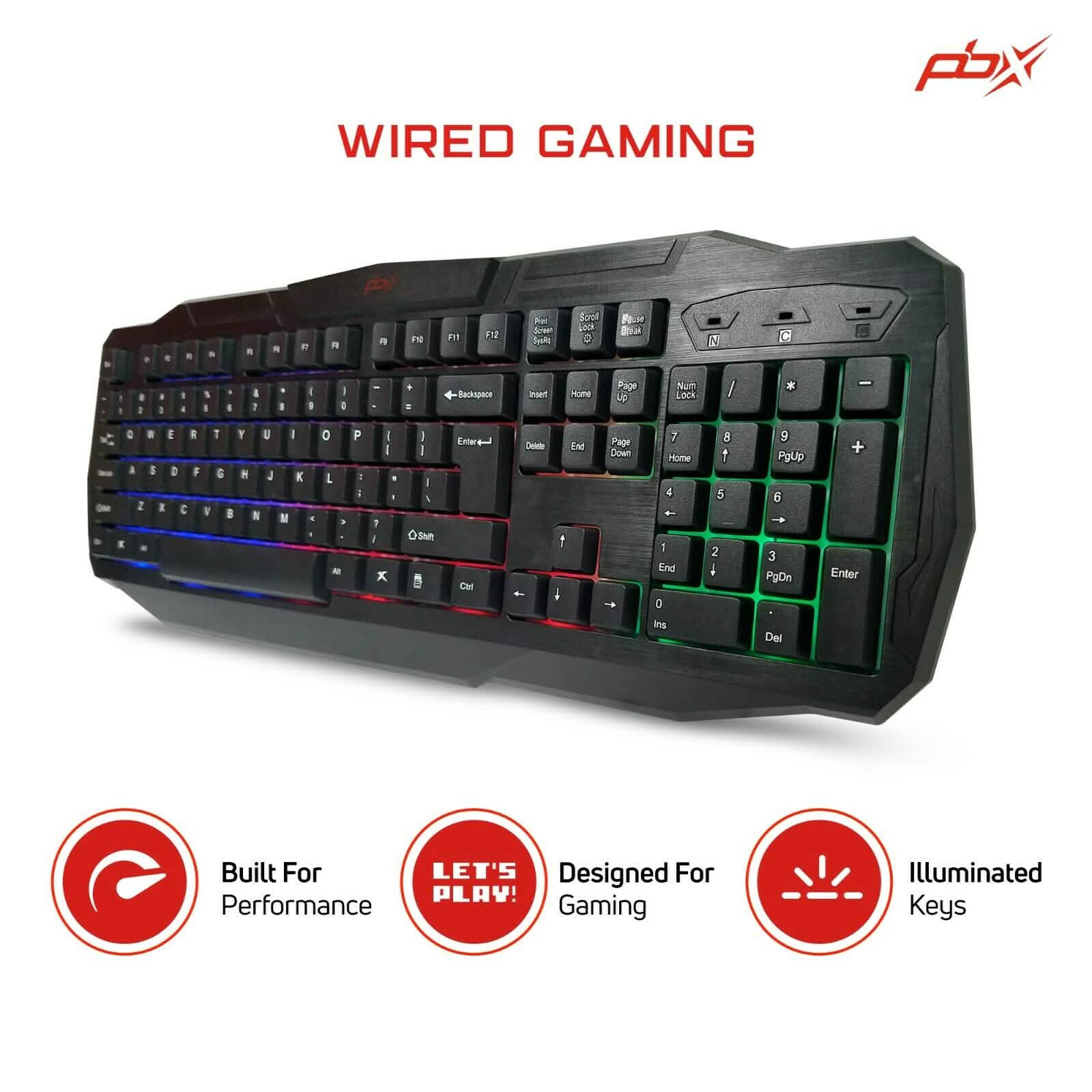 PBX Backlit Pro Gaming Keyboard - Full-Sized & Ergonomic with LED RGB Backlight