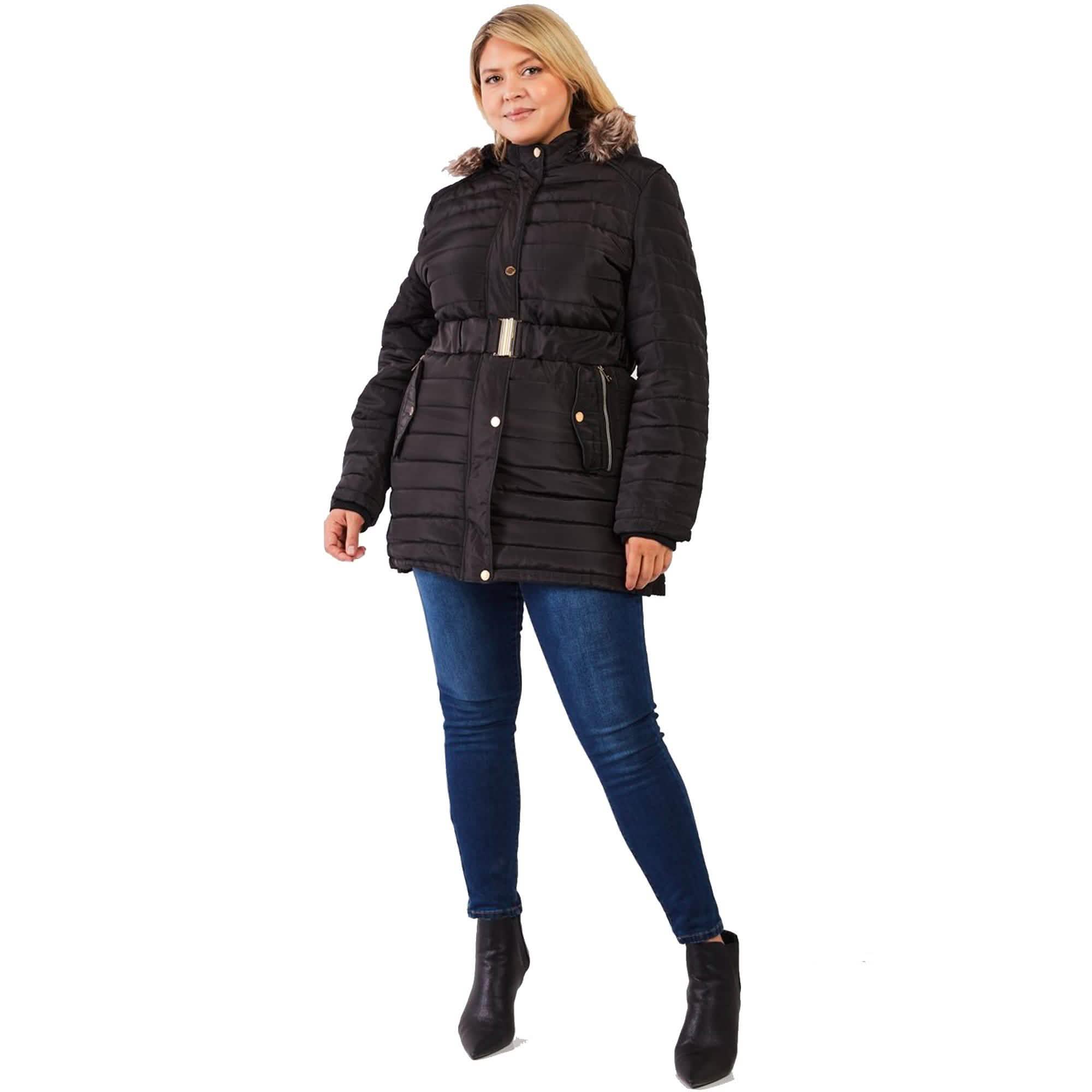 Plus Parallel Quilt Faux Fur Hood Belted Padded Long Puffer Jacket
