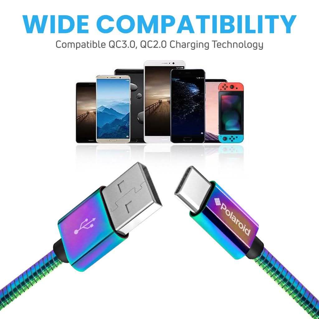 Polaroid USB Type-C Cable 5Ft | USB C Spiral Metal Cable with Aluminum Housing for Android Devices - Iridescent