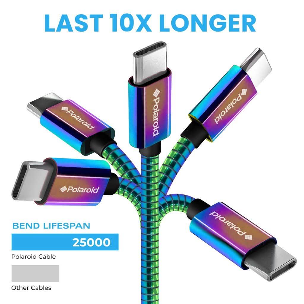 Polaroid USB Type-C Cable 5Ft | USB C Spiral Metal Cable with Aluminum Housing for Android Devices - Iridescent