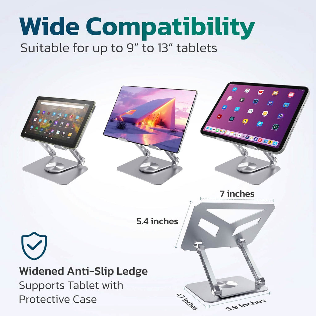 Purely SW60 Swivel Tablet Stand, Aluminum iPad Stand with 360Â° Rotating Base, Adjustable & Foldable Tablet Holder