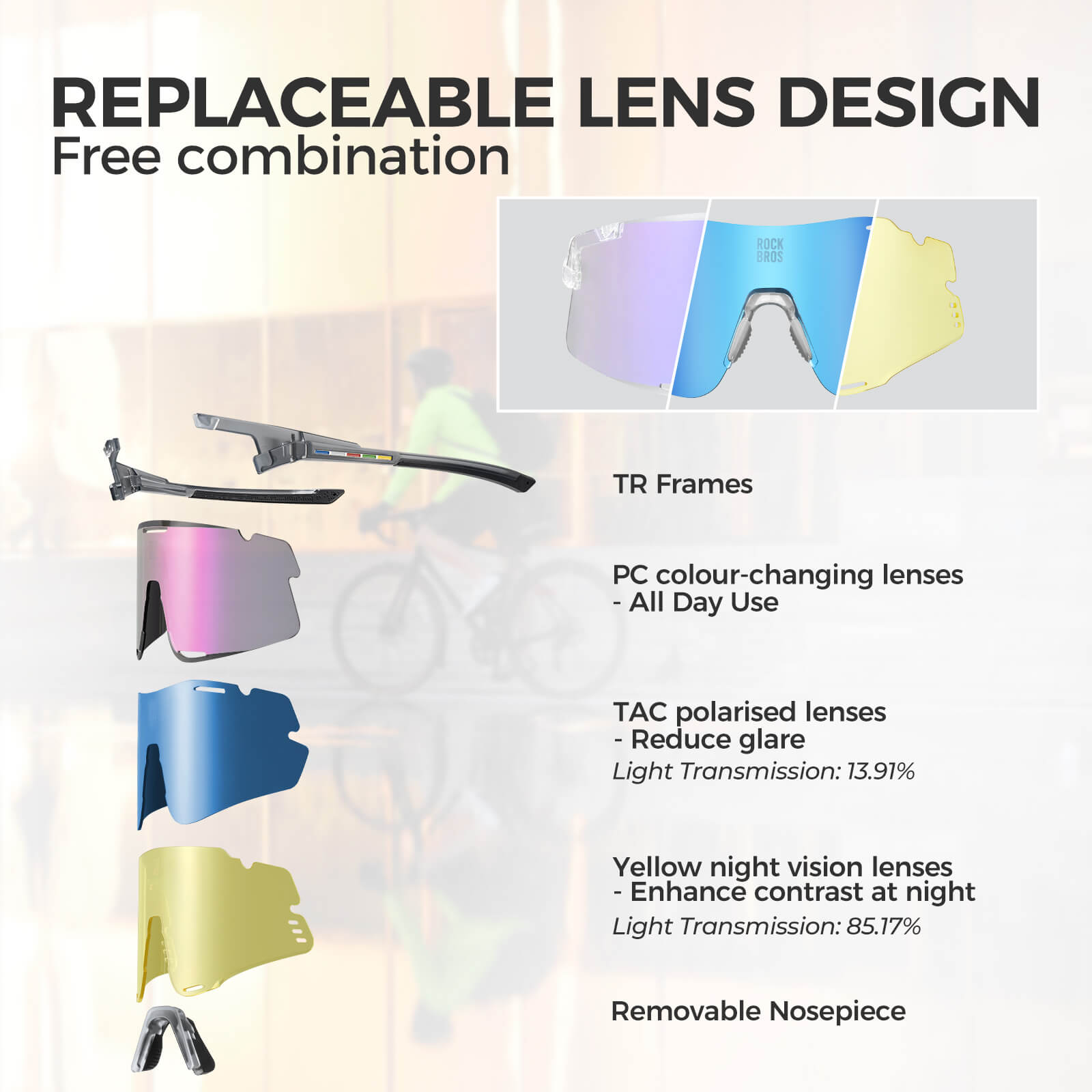 ROAD-TO-SKY BOUNDLESS Photochromic Cycling Glasses 3 Lens Set