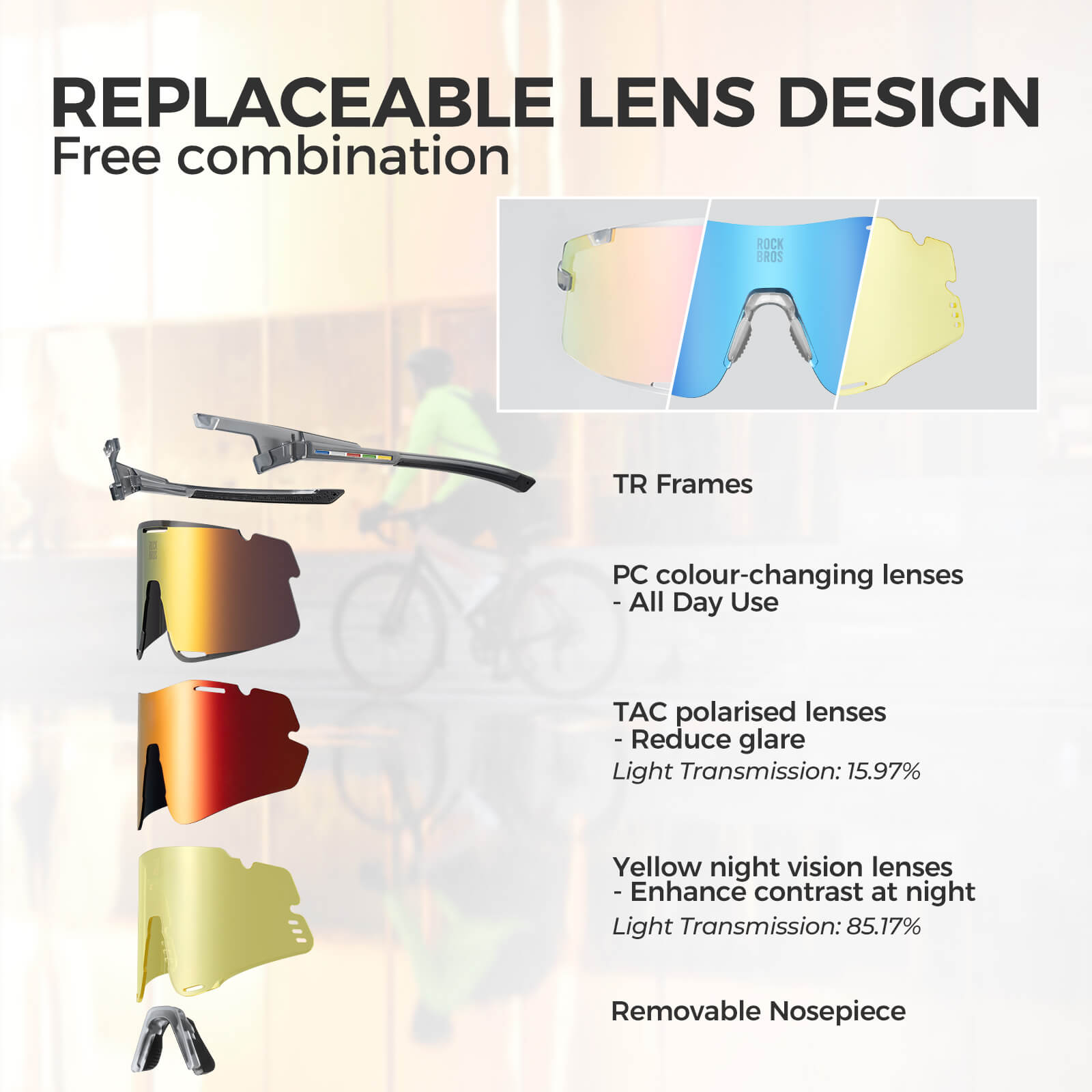 ROAD-TO-SKY BOUNDLESS Photochromic Cycling Glasses 3 Lens Set