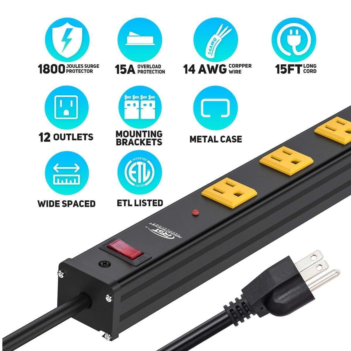 CRST 12-Outlet Metal Power Strip Surge Protector, 1800 Joules, 2.6" Ultra-Wide Spaced Outlets for Large Adapters, 15ft Heavy Duty Cord, Industrial Mountable Design