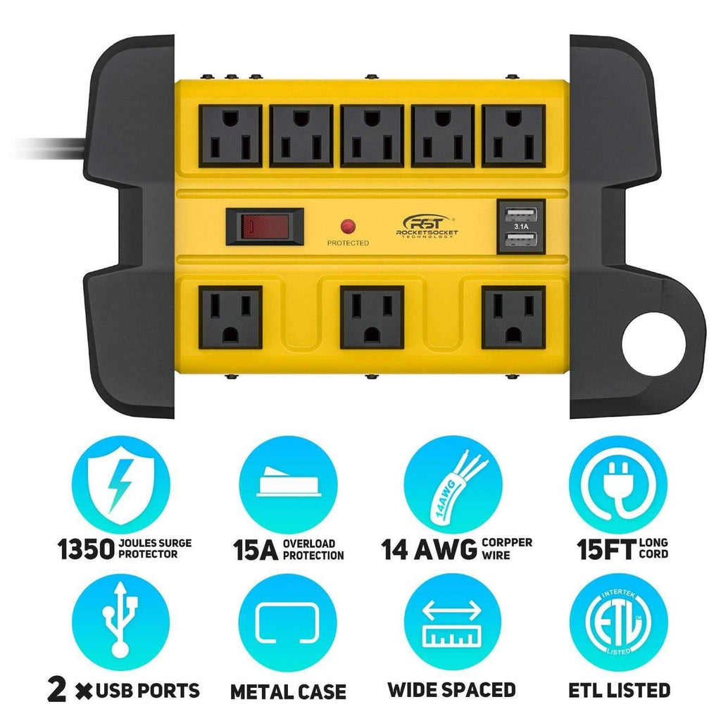 CRST Wide Spaced 8-Outlet Metal Power Strip Surge Protector, 1350 Joules Protection, Dual USB Ports, 15F/6FT Heavy Duty Power Cord with Management Wrap, Wall Mountable Design