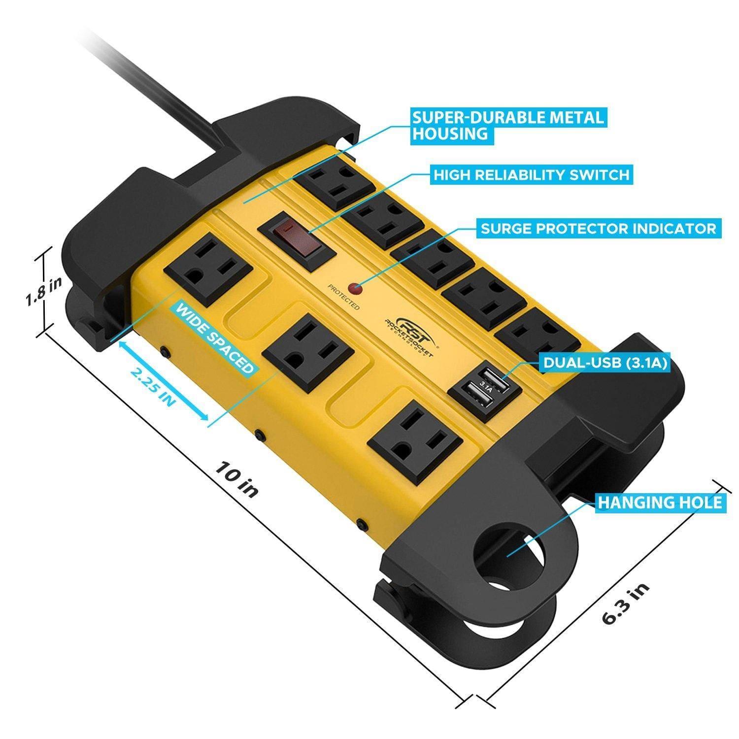 CRST Wide Spaced 8-Outlet Metal Power Strip Surge Protector, 1350 Joules Protection, Dual USB Ports, 15F/6FT Heavy Duty Power Cord with Management Wrap, Wall Mountable Design