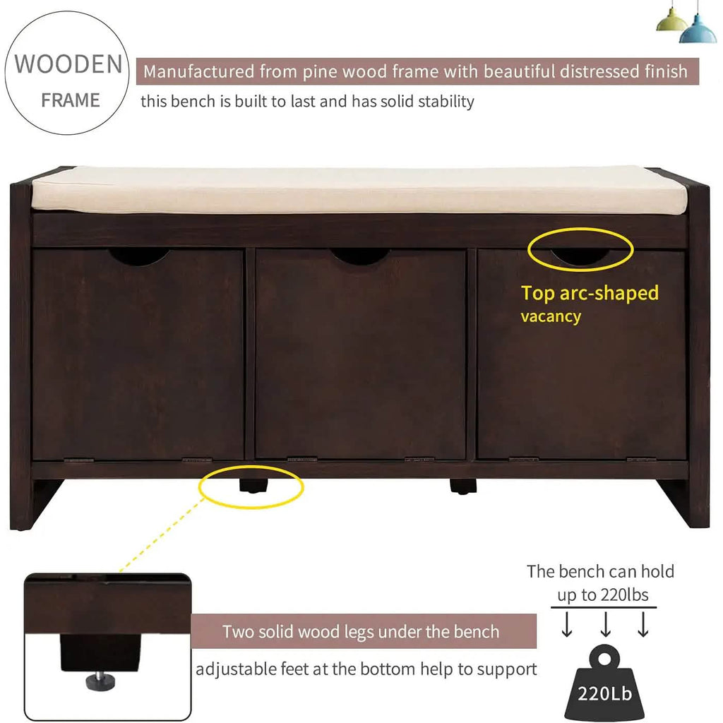 Storage Bench with Removable Cushion and 3 Flip Lock Storage Cubbies