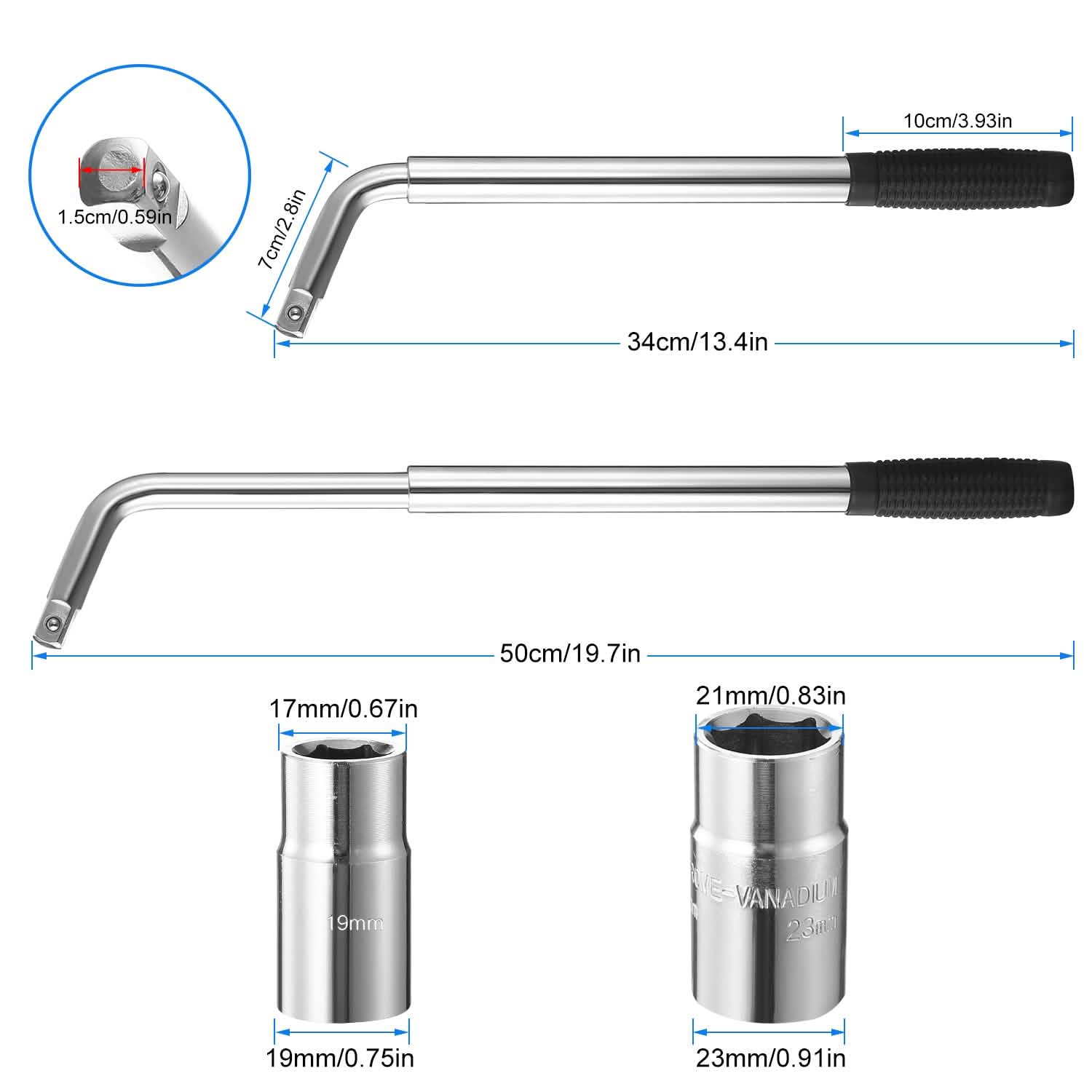 Telescoping Lug Wrench Extendable Tire Wheel Nut with CR-V Sockets