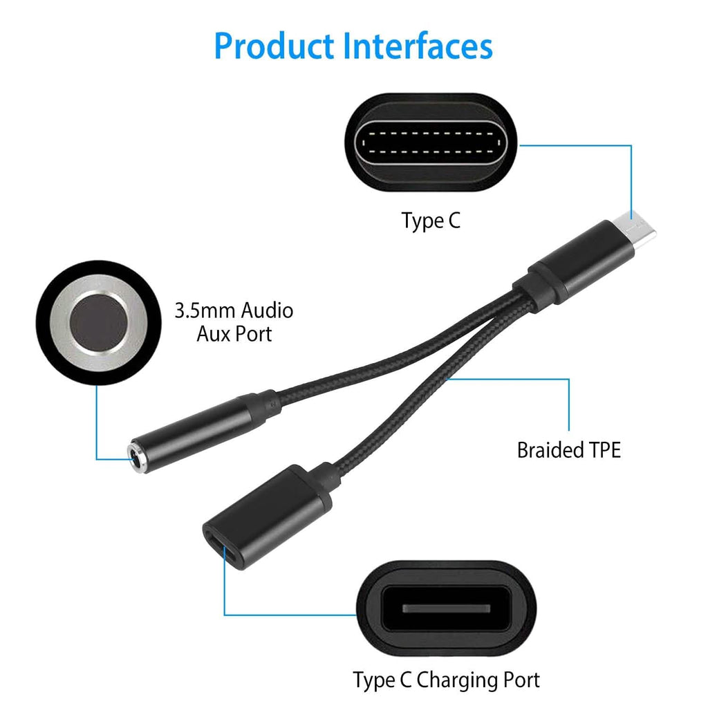 USB Type-C to 3.5mm Aux Audio Charging Adapter Braided Headphone Jack Splitter Cable